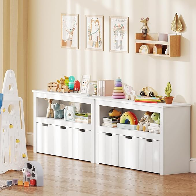 Costzon Toy Storage Organizer w/Drawers, Wooden Toy Shelf with 3 Removable Drawers, Rolling Wheels & Large Open Shelf, 2 Shelf Toy Cupborad for Kids Room, Playroom, Kindergarten, Nursery (White)