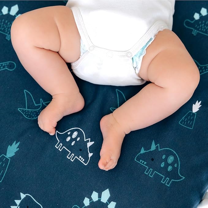 Dreamology Mini Crib Sheets, Pack and Play Sheets Fitted, 100% Cotton Mini Crib Sheets, Boy, Girl, Pack n Play Sheet, Crib Mattress Sheets, 24x38 Crib Sheets | Dino, Denim Blue