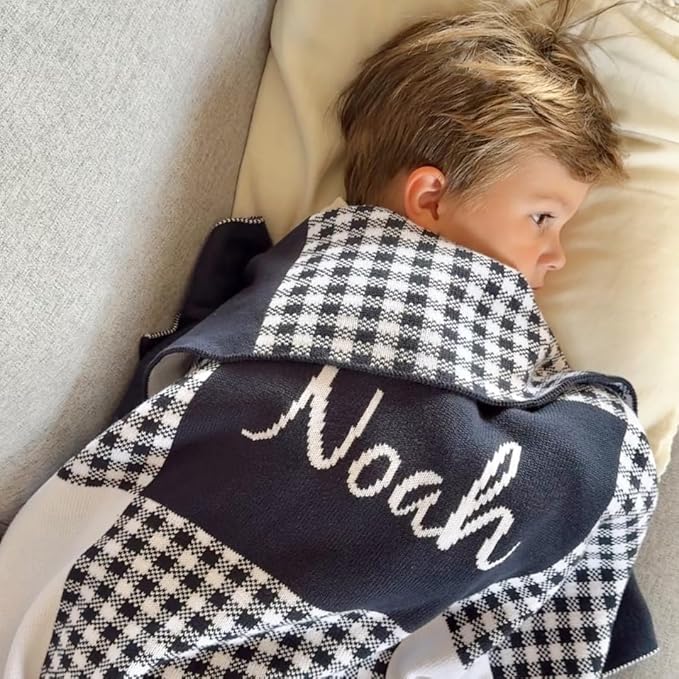 Personalized Signature Gingham Blanket – 100% Organic Cotton Customized Baby Blanket, Custom Name, Crib 36x60, Gift for Baby Shower, Birthday Present, Girls and Boys, Toddlers Kids, Made In America