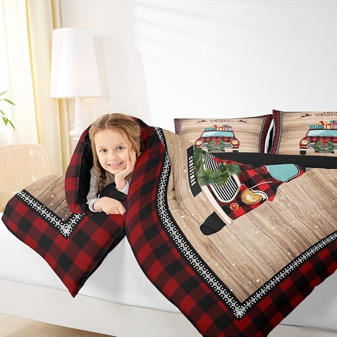Rustic Farmhouse Brown Wooden 3 Pcs Queen Size Comforter Set,Snowflake Deer Red Plaid Down Alternative Adults Room Decor,Christmas Plaid Truck Ultra Soft Microfiber Inner Fill 3Pcs Bedding