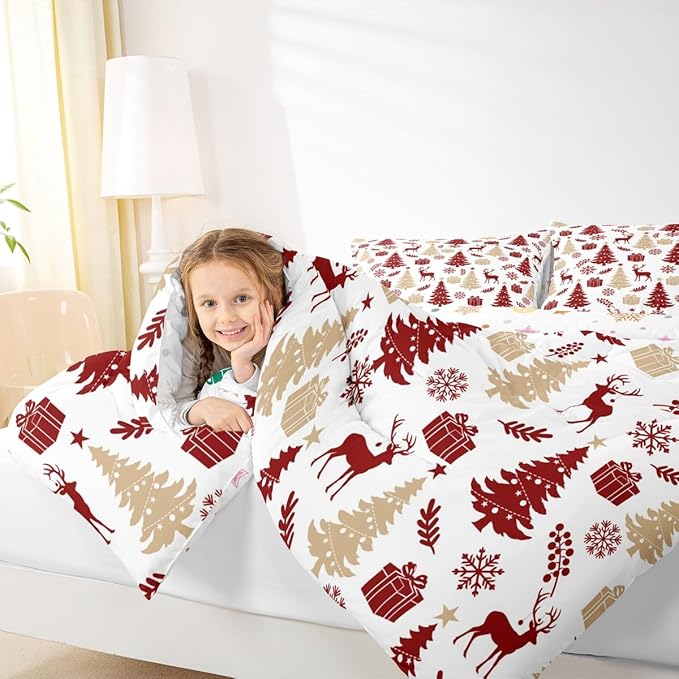Feelyou Christmas Comforter Set All Season Xmas Tree Bedding Set with 2 Pillow Cases Reindeer Microfiber Kids Full Bedclothes Snowflake Gift Bedroom Decor Duvet Quilt Breathable Soft Lightweight