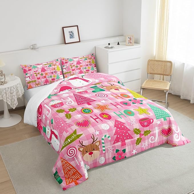 Merry Christmas Kids Comforter Set King Size,Cartoon Santa Claus Snowman Deer Xmas Bedding Set,Boys Girls Adults Room Decor,Geometric Grids Down Comforter,Pink Romantic Duvet Insert,2 Pillowcases