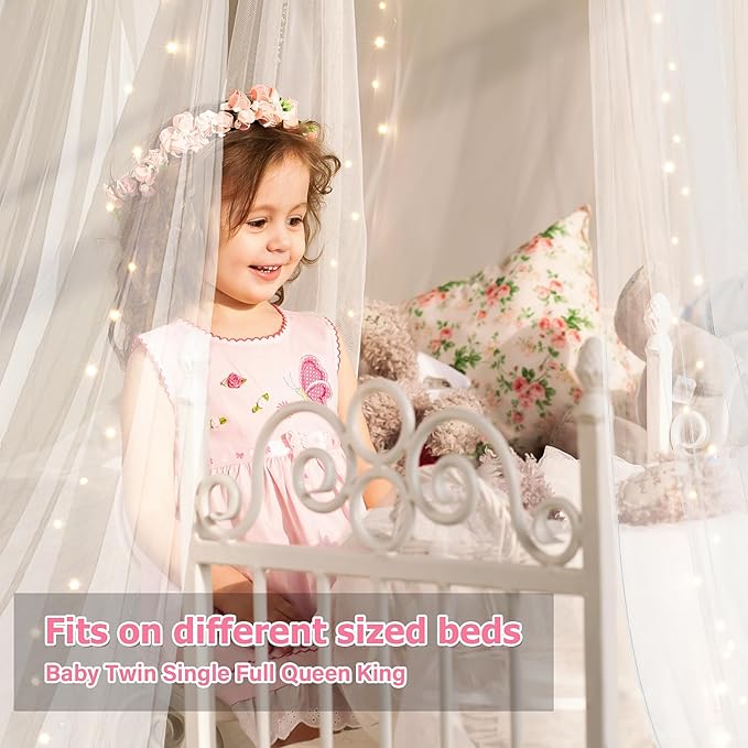 Bed Canopy with Lights, Bed Canopy for Girls Princess with Luminous Stars, Canopy Bed Curtains for Twin to King Size Bed, Baby Kids Adult Indoor Decor Bedroom Reading Nook Outdoor Camping, White