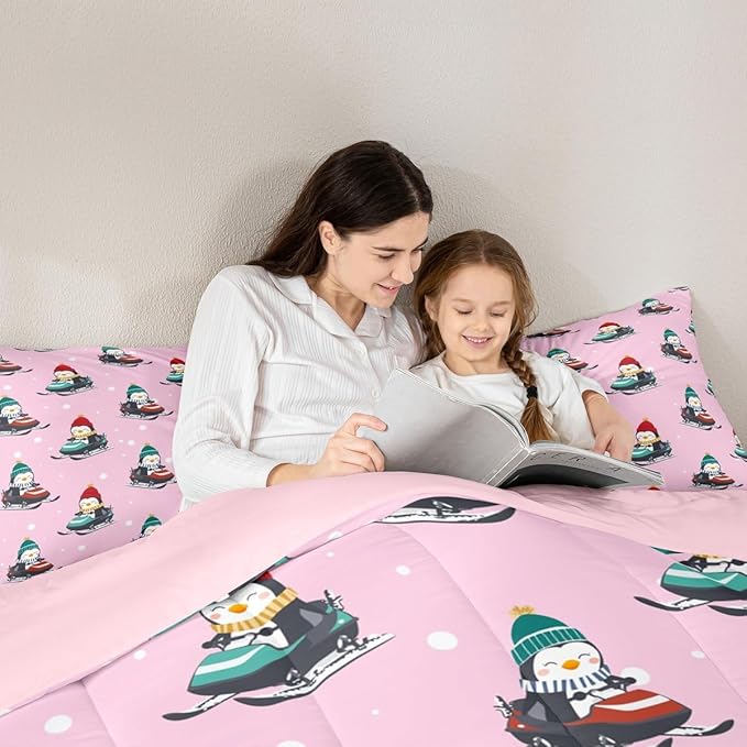 Feelyou Christmas Kids Comforter Set Twin Size Pink Penguin Bedding Set Cartoon Penguin Skiing Duvet Quilt for Kids Boys Girls Bedroom Snowflake Decor Microfiber Ultra Soft Breathable