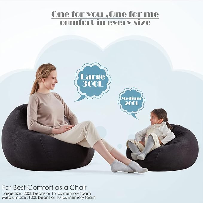 Nobildonna 3 ft Bean Bag Chair Cover (No Filler) 35"×43" Large Stuffed Animal Storage Bean Bag Washable Big Beanbag Chair Cover Premium Corduroy Stuffable Bean Bag Cover for Adults,Kids,Black 300L
