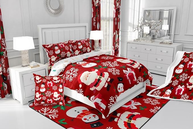 jejeloiu Merry Christmas Comforter Set King Size Xmas Santa Claus Bedding Set for Kids Boys Girls Cute Snowman Duvet Quilt Red Bedroom Decor