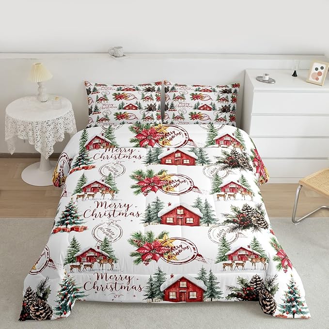 Merry Christmas Kid Comforter Set Full Size,Poinsettia Winter Xmas Pine Tree Bedding Set,Room Decor,Snowflake Rustic Farmhouse Quilt Comforter,Red Green White Duvet Set Bedroom Quilt Set,2 Pillowcases