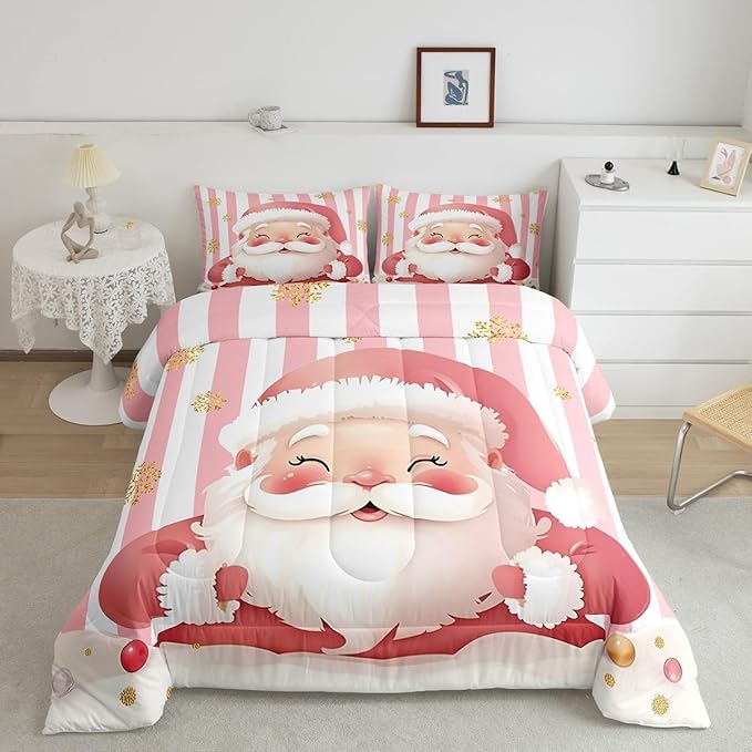 Feelyou Merry Christmas Decorations Full Size Comforter Set Santa Claus Bedding Set Pink Quilt Set Soft Warm Lightweight Duvet Set