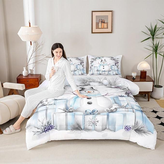 Feelyou Merry Christmas Kids Comforter Set King Size Cute Snowman Bedding Set Duvet Quilt for Kids Boys Girls Bedroom Snowflake Decor Microfiber Ultra Soft Breathable