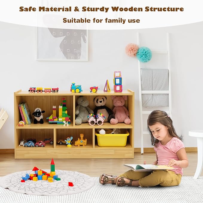 Costzon Toy Storage Organizer for Kids, 5-Section School Classroom Storage for Organizing Books Toys, Wooden Kids Bookshelf Daycare Furniture for Preschool, Playroom, Nursery, Kindergarten (Burlywood)