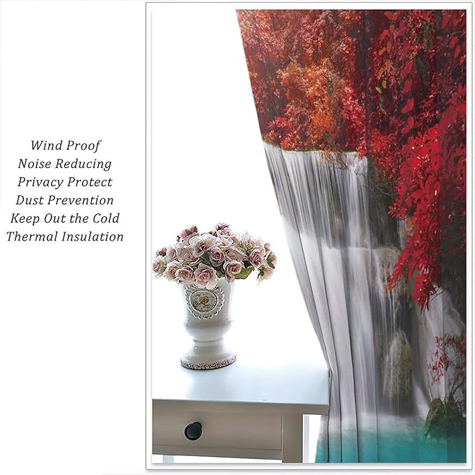 Red Forest Waterfall Blackout Windows Curtains, Tree Landscape Woodland Scenic Nature Fall Scenery Art Printed Curtains, for Living Room Bedroom 55x63in 2 Panels