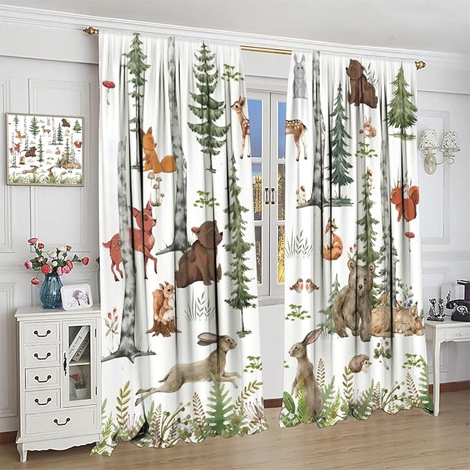 Animal Kids Curtains, Woodland Squirrel Rabbit Bear Animal Friends Forest Curtains for Boys and Girls Bedroom Living Room Kitchen 42x63in