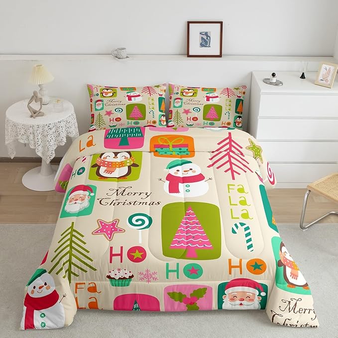Erosebridal Xmas Decor Quilts Kids Santa Claus Christmas Tree Comforter Set Boys Girls Bedroom, Cartoon Snowflake Bedding Set Cute Snowman Down Comforter Full Size