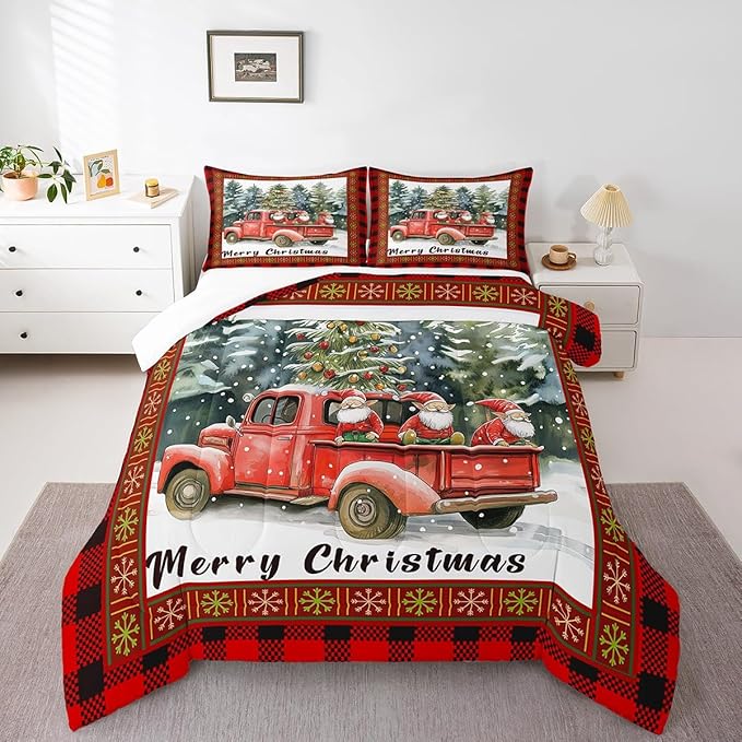 Merry Christmas Comforter Set Twin Size,Retro Red Truck Christmas Tree Bedding Set for Kids Boys Girls Room Decor,Gnome Snowflake Xmas Quilt Set 2Pcs,Black Red Plaid Duvet Insert,1 Pillowcase