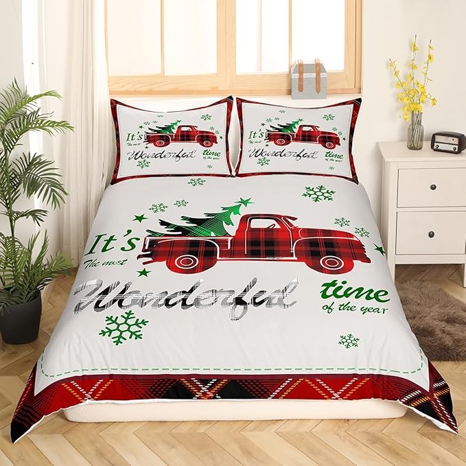 Manfei Xmas Truck Duvet Cover Set Twin Size, Christmas Tree Snowflake Print Bedding Set 2pcs for Kids Boys Girls Bedroom Decor, Red Plaid Print Comforter Cover with 1 Pillowcase,No Comforter