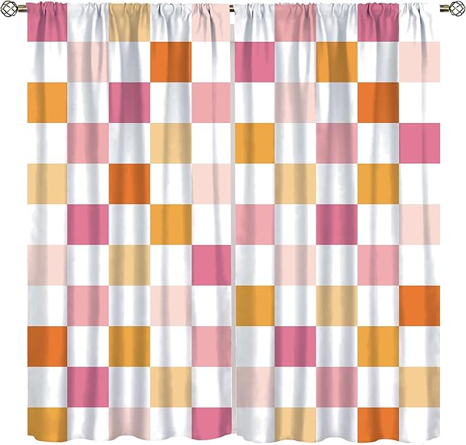 Pink Checkered Curtains,70s Vintage Twisted Checkered Window Drapes Colorful Groovy Trendy Wavy Hippie Grid Print Window Treatments for Kids Girls Bedroom Living Room 55" W X 63" L