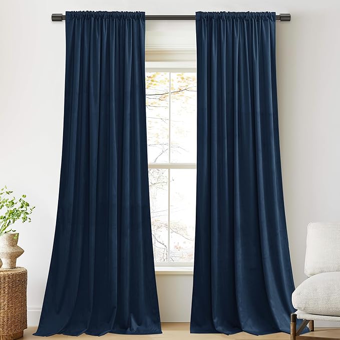 StangH Navy Velvet Curtains - Living Room Light Blocking Drapes 96 inches Long, Thermal Insulated Curtains for Office/Studio/Dining Room, W52 x L96, 2 Panels