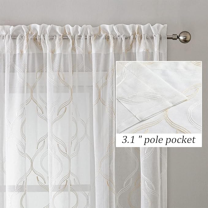 VISIONTEX Sheer Curtains 72 Inches Long 2 Panels Set, Beige and Ivory Moroccan Embroidery Texture Geometric Rod Pocket White Voile Tulle Semi Window Treatment Pair for Bedroom, W54 x L72
