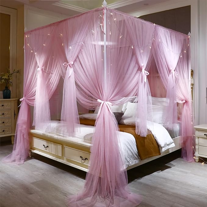 VETHIN 4 Corners Post Princess Bed Canopy Curtain Double Layer Cozy Drape Netting 4 Opening Mosquito Net for Girls & Adults Bedroom Decoration Accessories (Double Pink, 59" W*82" L*82"*H/(Queen))