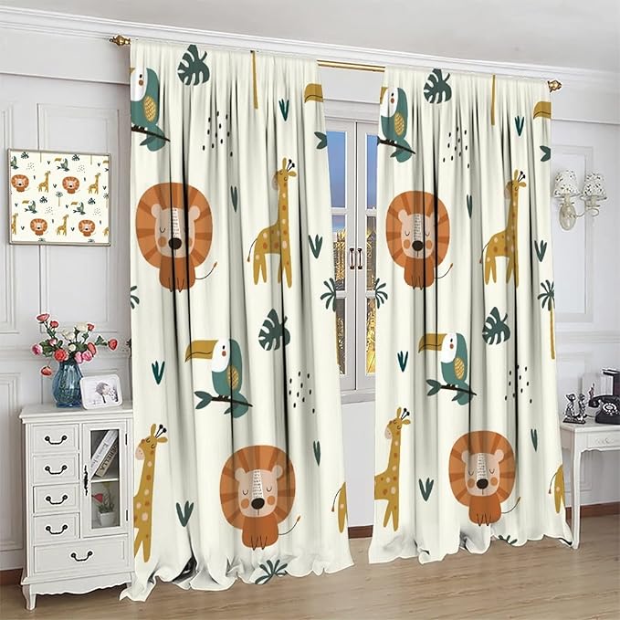 Cute Lion Window Curtains for Kids Bedroom,Cartoon Woodland Jungle Forest Wildlife Little Lion Giraffe Owl Palm Tree Printed Pattern Blackout Drapes for Living Room Baby Nursery Room 52x84in