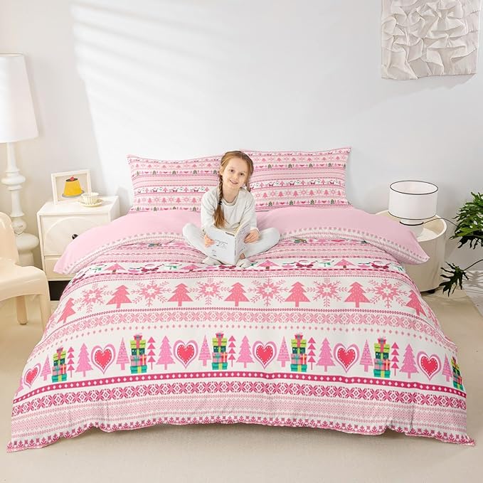 Christmas Comforter Cover Cartoon Santa Claus Snowman Bedding Set Pink Snowflake Christmas Tree Duvet Cover for Kids Boys Girls Microfiber Boho Stripes Bedspread Cover Room Decor Bedclothes Full Size