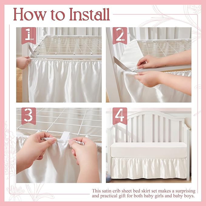 SiinvdaBZX 2-Piece Set Satin Crib Sheets & Crib Bed Skirt, 52" x 28" Silky Soft Ruffled Baby Crib Skirt with Adjustable Elastic 14" Drop, Fit for Standard Crib & Toddler Bedding (Pink)
