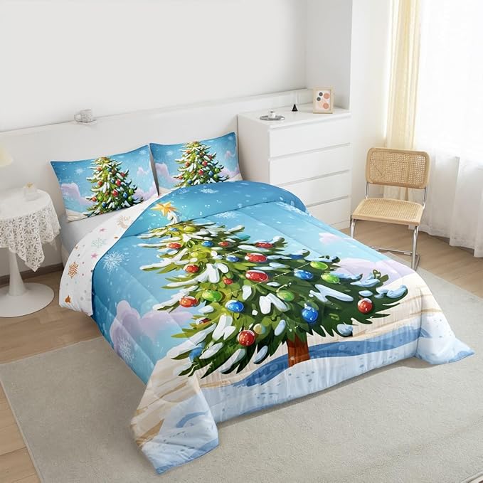 Feelyou Christmas Bedding Set Soft for Boys Girls, Xmas Tree Comforter Set Full Size Christmas Tree Ornaments Duvet Quilt Microfiber Winter Snowflake Bedroom Decor 3 Pcs with 2 Pillow Cases