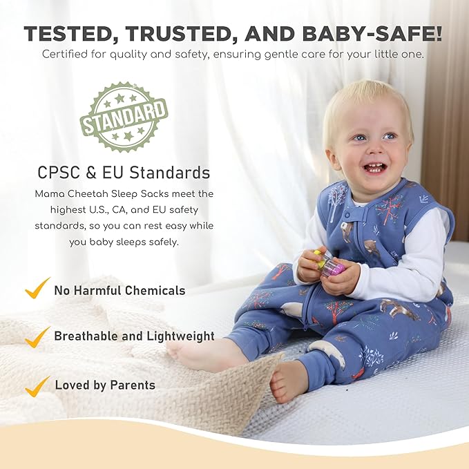 Mama Cheetah Toddler Sleep Sack with Feet, 6-18 Month, 2.5 TOG Organic Cotton Baby Sleeping Bag with Legs, Baby Wearable Blankets for Walkers w/ 2-Way Zipper, Baby Sleep Sack for Girls & Boys, Small