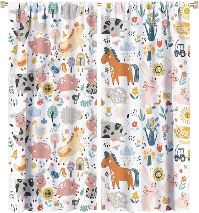 Farm Animal Curtains for Kids, Cartoon Cute Wild Animal Window Treatments Woodland Farmhouse Cow Horse Pig Window Drapes for Girls Boys Nursery Toddler Bedroom 84x84in