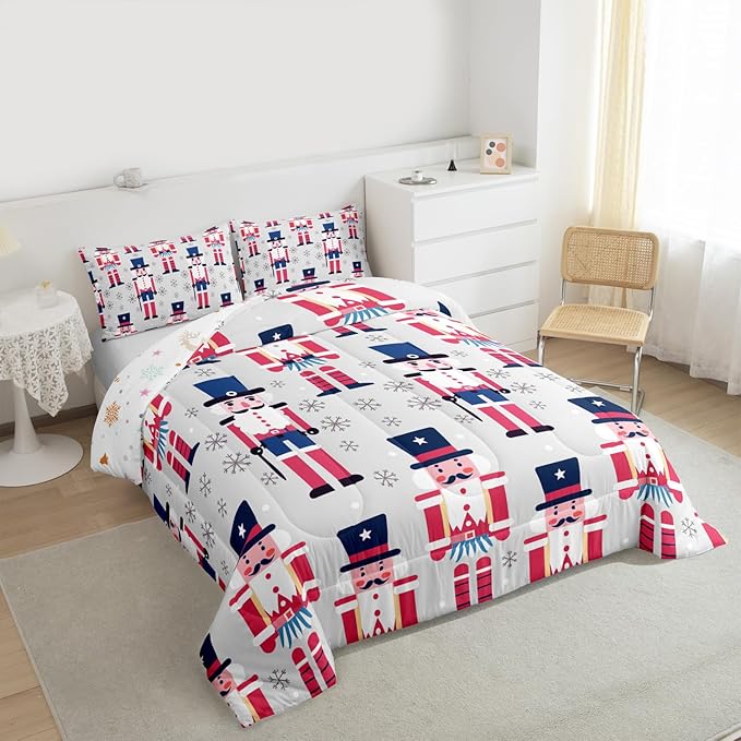 Feelyou Cute Nutcracker Comforter Set King Size Christmas Ornaments Bedding Set for Kids Boys Girls Xmas Snowflake Duvet Quilt Soldier Bedroom Decor Kawaii Microfiber 3 Pcs with 2 Pillow Cases