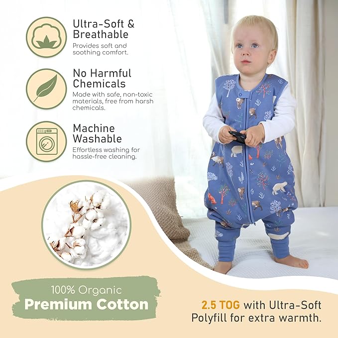 Mama Cheetah Toddler Sleep Sack with Feet 3T - 4T, 2.5 TOG Organic Cotton Baby Sleeping Bag with Legs, Baby Wearable Blankets for Walkers w/ 2-Way Zipper, Baby Sleep Sack for Girls & Boys, Large