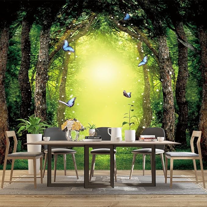 Classy Dream Butterfly Forest Tree Wallpaper for Bedroom Jungle Woodland Wall Mural Living Room Large Woods Adhesive Fabric decorr - 183"x120"（Not Peel and Stick）