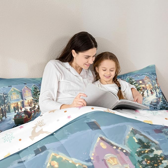 Feelyou Watercolor Christmas Comforter Set Twin Size Santa Claus Bedding Set for Kids Boys Girls Reindeer Sled Duvet Quilt Xmas Tree Bedroom Decor Microfiber 2 Pcs with 1 Pillow Cases