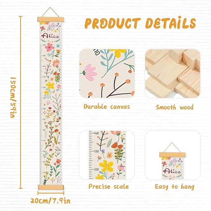 Personalized Name Growth Chart Wall Decor for Kids – Canvas Removable Height Chart Measuring Ruler 59" x 7.9" (Flowers and Plants)