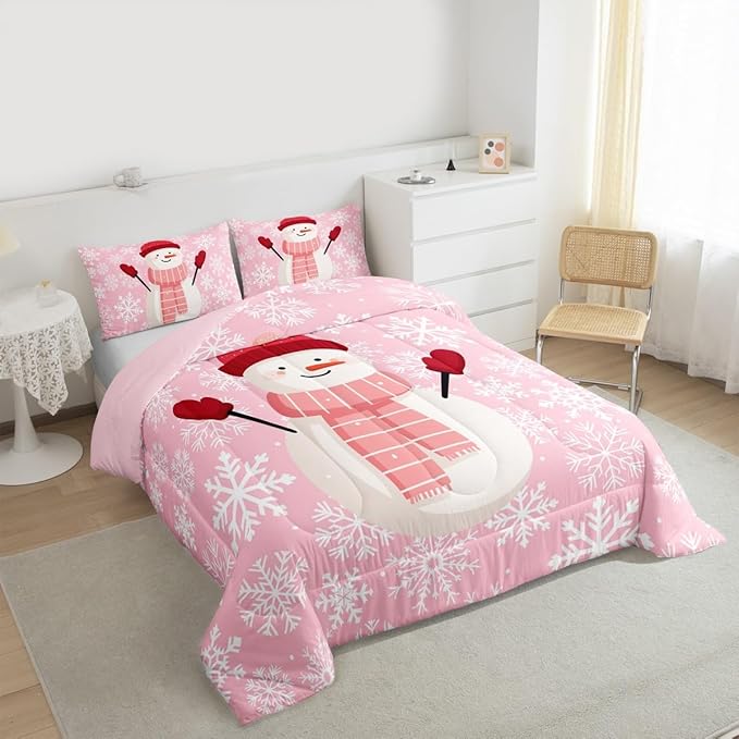 Feelyou Christmas Bedding Set Soft for Boys Girls, Snowman Pink Comforter Set Queen Size Xmas Snowflakes Duvet Quilt Microfiber Winter Snow Bedroom Decor 3 Pcs with 2 Pillow Cases