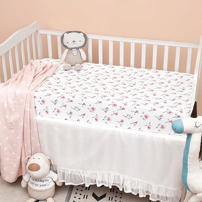 PHF 3 Pack Soft Rose Floral Crib Sheets Fitted, Silky Comfy Breathable Baby Sheets for Boys Girls, 28x52 Inches Fits Standard Crib and Toddler Mattresses, Pink Floral