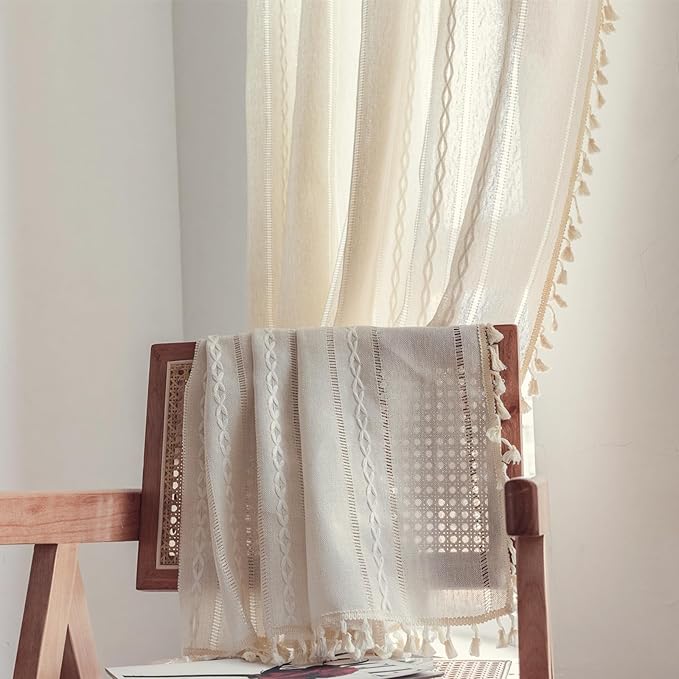 Deeprove Ivory Boho Curtains for Bedroom 84 Inches Long, Bohemian Chic Textured Embroidery Overlapping, Vintage Handmade Tassels Country Decor Drapery, Rod Pocket, 1 Panel W52 x L84