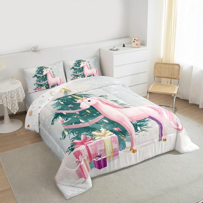Feelyou Merry Christmas Comforter Set King Size Cute Unicorn Bedding Set for Kids Boys Girls Gift Duvet Quilt Christmas Tree Bedroom Decor Microfiber 3 Pcs with 2 Pillow Cases