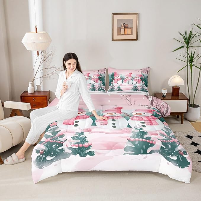 Feelyou Pink Christmas Kids Comforter Set Toddler Size Merry Christmas Tree and Snowman Bedding Set Cute Snowman Duvet Quilt for Kids Boys Girls Bedroom Xmas Snowflake Decor Kawaii Soft Breathable