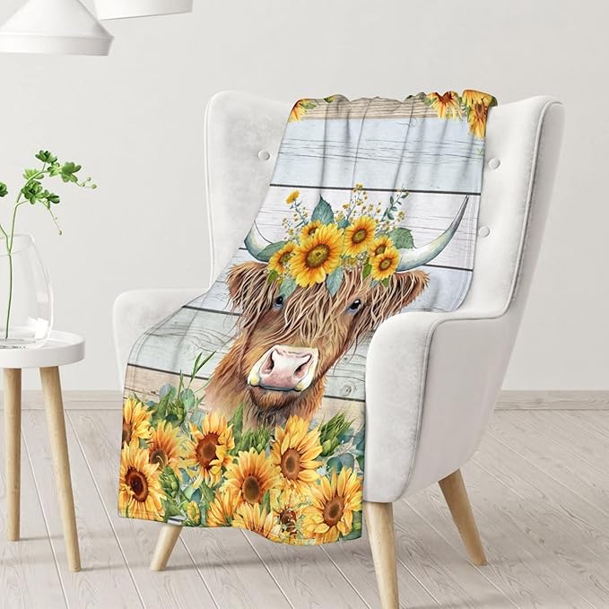 Blanket for Girls Women - 60x50 Inches Aesthetic Highland Cow Throw Blanket for Kids Teens Adults - Yellow Soft Fuzzy Sunflower Blankets Decor for Bed Couch Sofa