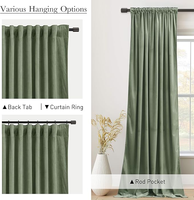 StangH Retro Green Velvet Curtains 96 Inches Length, Room Darkening Velvet Drapes for Bedroom Living Room, Thermal Insulated Window Treatment, 52 x 96 Inch, 2 Panels
