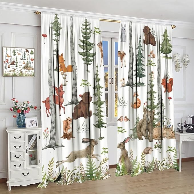 Animal Kids Curtains, Woodland Squirrel Rabbit Bear Animal Friends Forest Curtains for Boys and Girls Bedroom Living Room Kitchen 84x84in