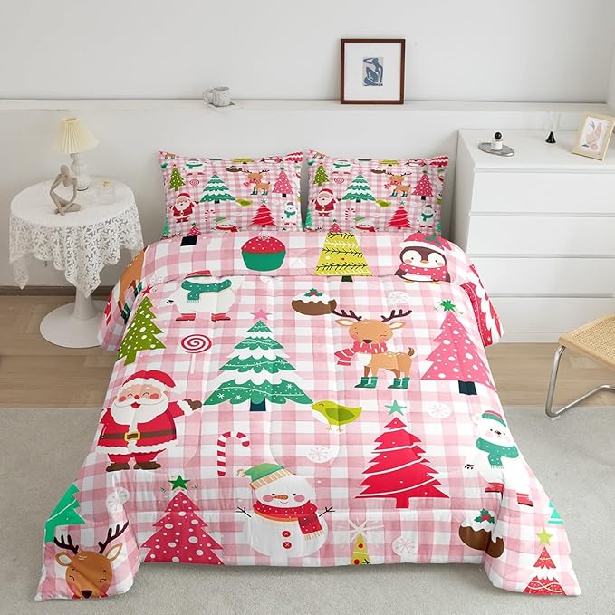 Castle Fairy Merry Christmas Kids Comforter Set King Size,Cartoon Xmas Style Cute Animals Bedding Set All Season Quilt Set,Santa Claus Pine Trees Pink Checkered Microfiber Polyester Down Comforter