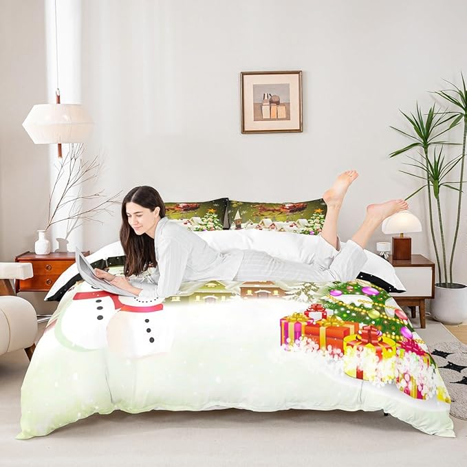 Manfei Christmas Duvet Cover Set King Size, Xmas Tree Snowman Comforter Cover with 2 Pillowcases, Santa Claus with Deer Bedding Set for Kids Boys Girls New Year Theme Bedspread Cover, No Comforter