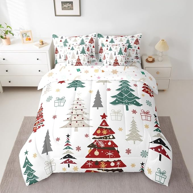 Erosebridal Christmas Bed in A Bag 7 Pcs Colorful Christmas Tree Comforter Set for Women Men Xmas Tree Snowflake Bedding Sets King Winter Xmas Ornaments Gift Sheet Set with Comforter