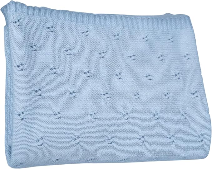 Baby Knit Blanket, 100% Cotton Eyelet Patterns, Soft, Cozy, Lightweight Swaddle for Newborn & Infant Swaddling Beige Neutral, Perfect Baby Shower Ideas Baby Blue 30x30