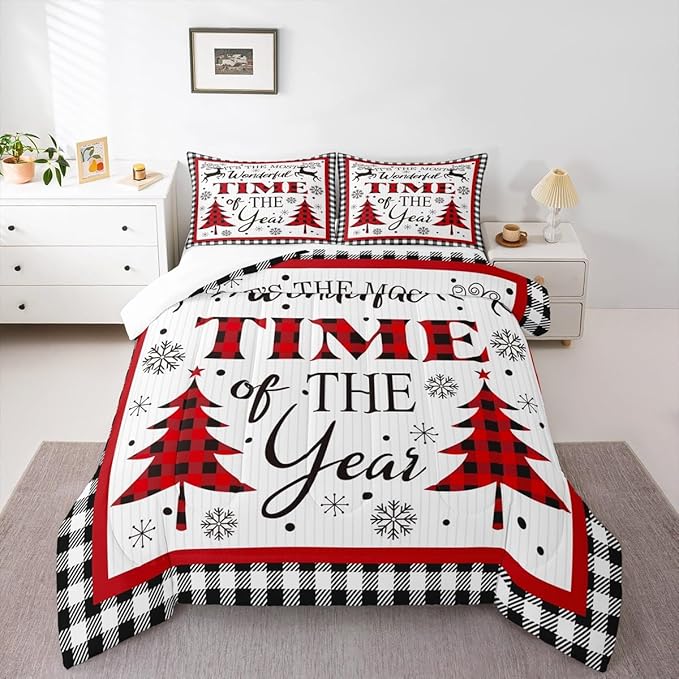 Merry Christmas Kids Comforter Set King Size,Snowflake Deer Pine Trees Romantic Bedding,Girls Boys Adults Bedroom/Xmas Cabin Decor,Grids Stylish Down Comforter,Rustic Duvet Insert,2 Pillowcases