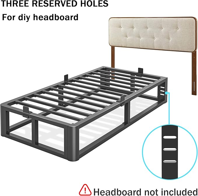 Metal Heavy Duty 12 inch Twin Bed Frame with Rounded Corner and Headboard Hole Mattress Retainers 3500 LBS No Box Spring Needed Platform Noise Free Easy Assembly