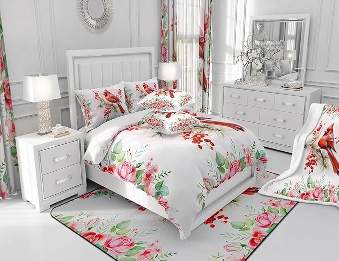 Castle Fairy Red Bird Comforter Set Twin Size,Watercolor Cardinal Berry Christmas Bedding Set for Kids Boys Men,Pink Floral Green Plant Painting Quilted Duvet Set with 1 Pillowcase