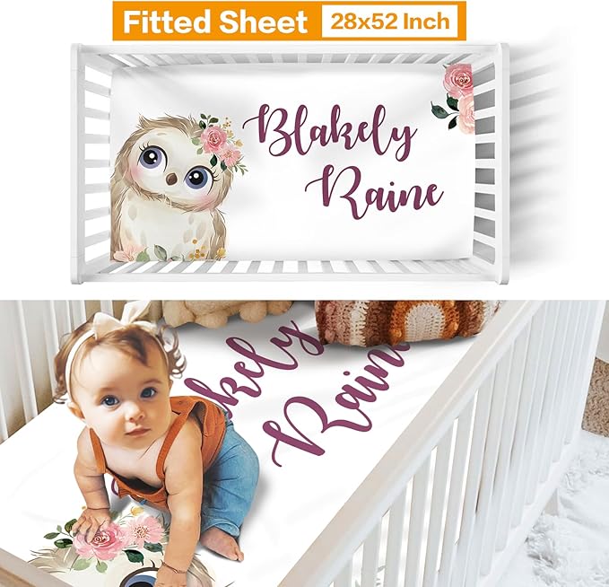 Custom Crib Bedding Set - Owl Design Personalized Name Baby Nursery Bedding 3 Pcs Set - Chic Soft Blanket, Sheet, Pillowcase for Newborns Boys Girls Gifts Color11